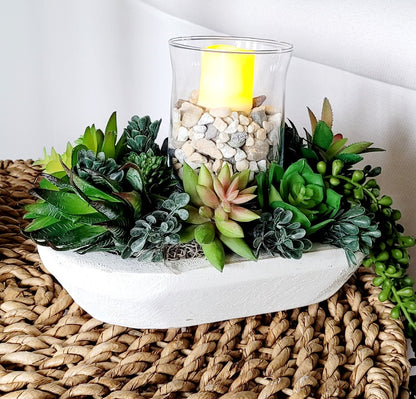Faux Succulent Arrangement – Modern Wood Bowl Centerpiece Gift