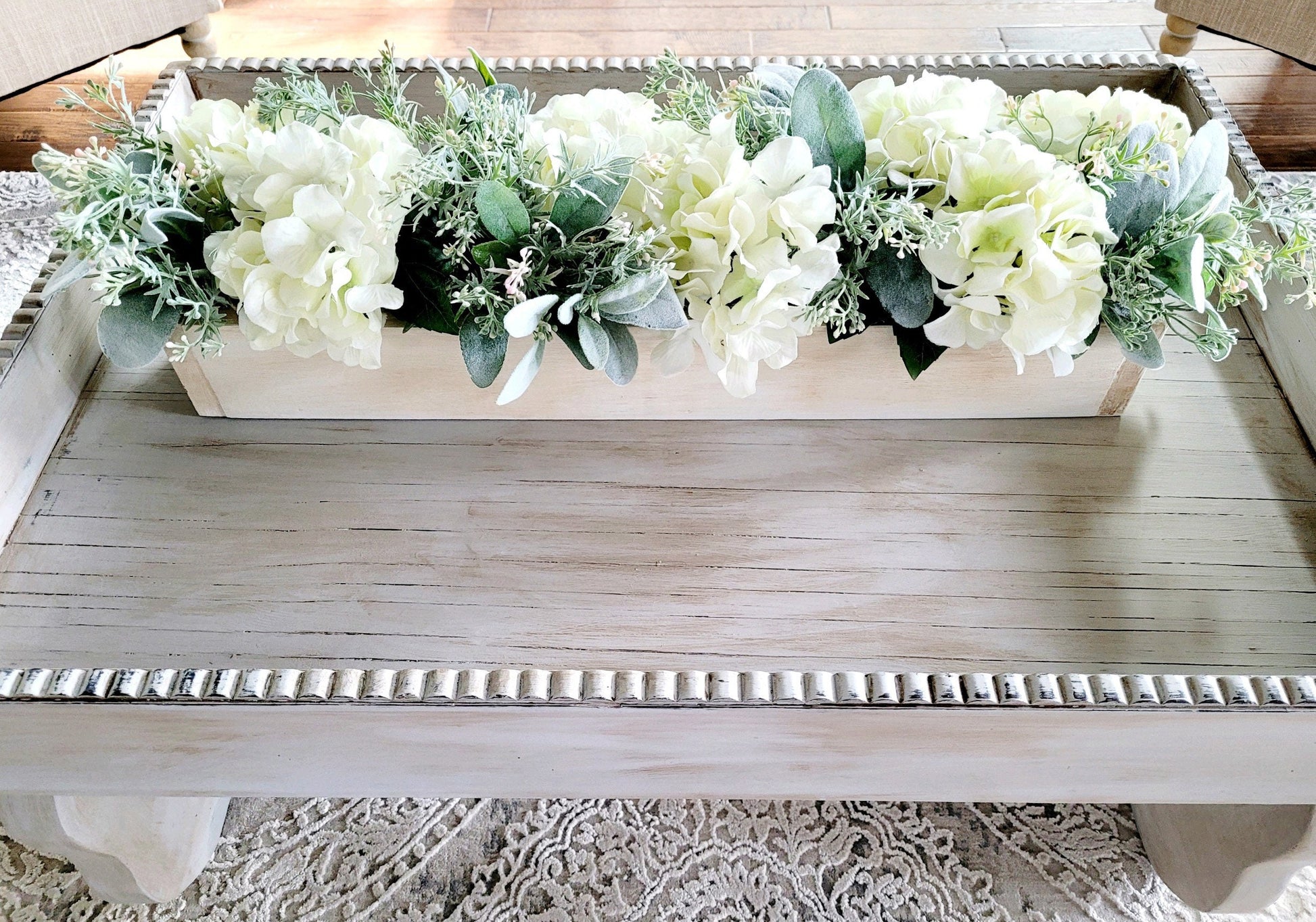 White Hydrangea Centerpiece Wooden Box Arrangement Wedding Table Decor Farmhouse Style Display Cream Floral Design Mint Green Accent Pieces Elegant Reception Decoration Bridal Shower Centerpiece Long Table Runner Alternative Neutral Color