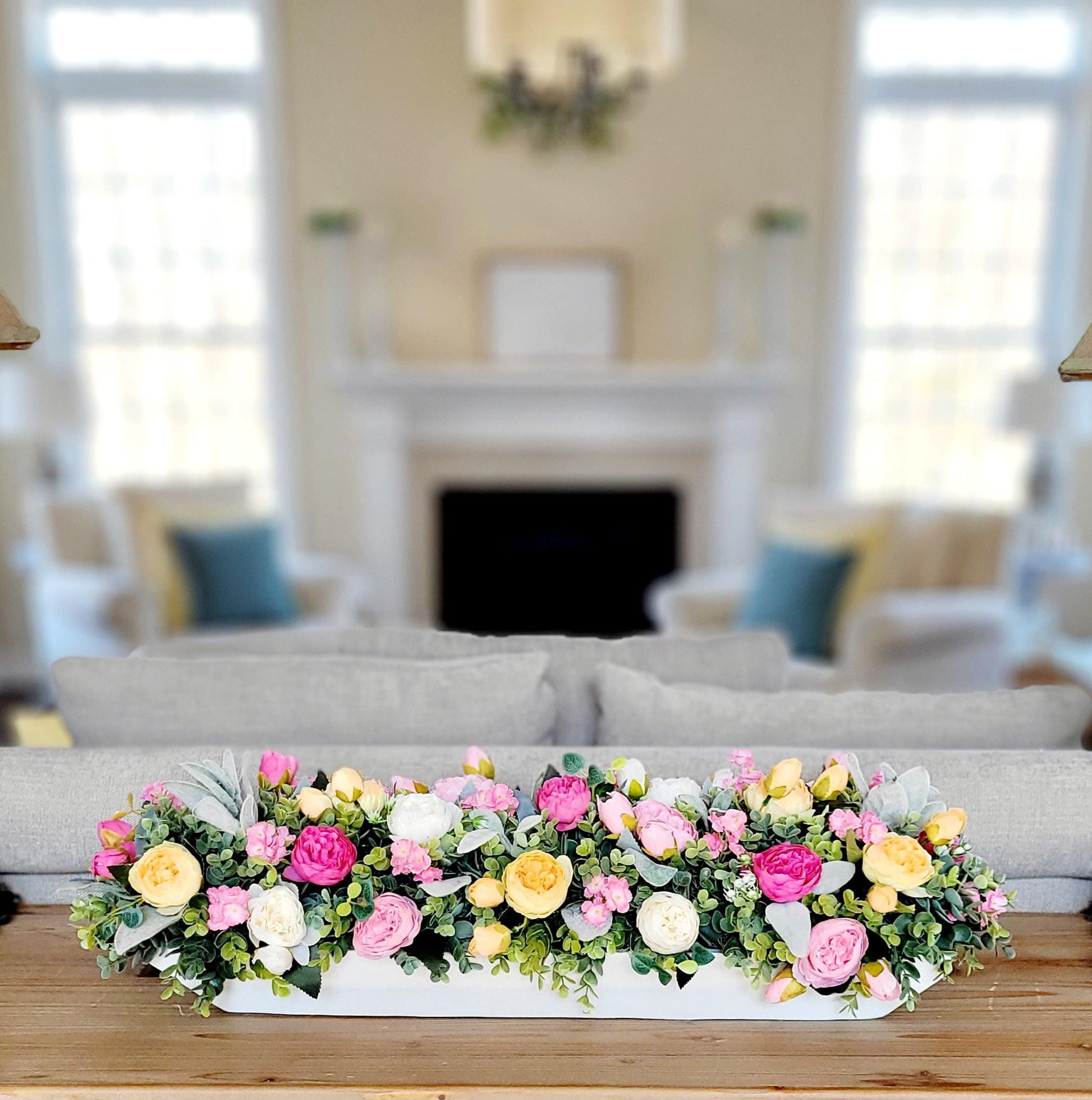 Rustic Dough Bowl Artificial Peony Arrangement Farmhouse Style Centerpiece Elegant Floral Display Custom Wood Container Spring Summer Decoration Perfect Table Accent Mantle Styling Essential Home Decor Piece Silk Flower Collection Country