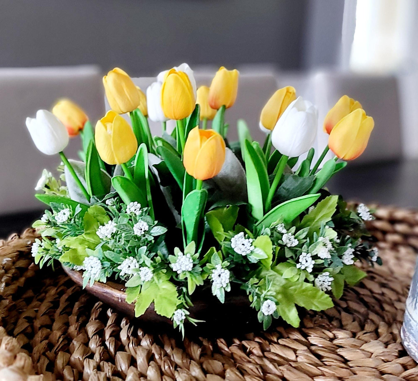Tulip Centerpiece – Lifelike Silk Flowers in Rustic Dough Bowl Arrangement