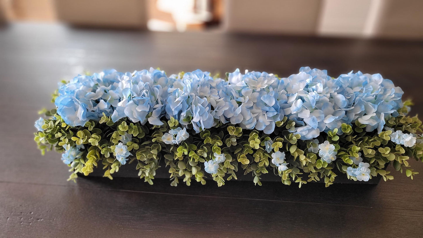 Blue Hydrangea Farmhouse Arrangement Large Dining Room Table Decor Faux Hydrangea Box Arrangement Greenery Arrangement Country Table Decor