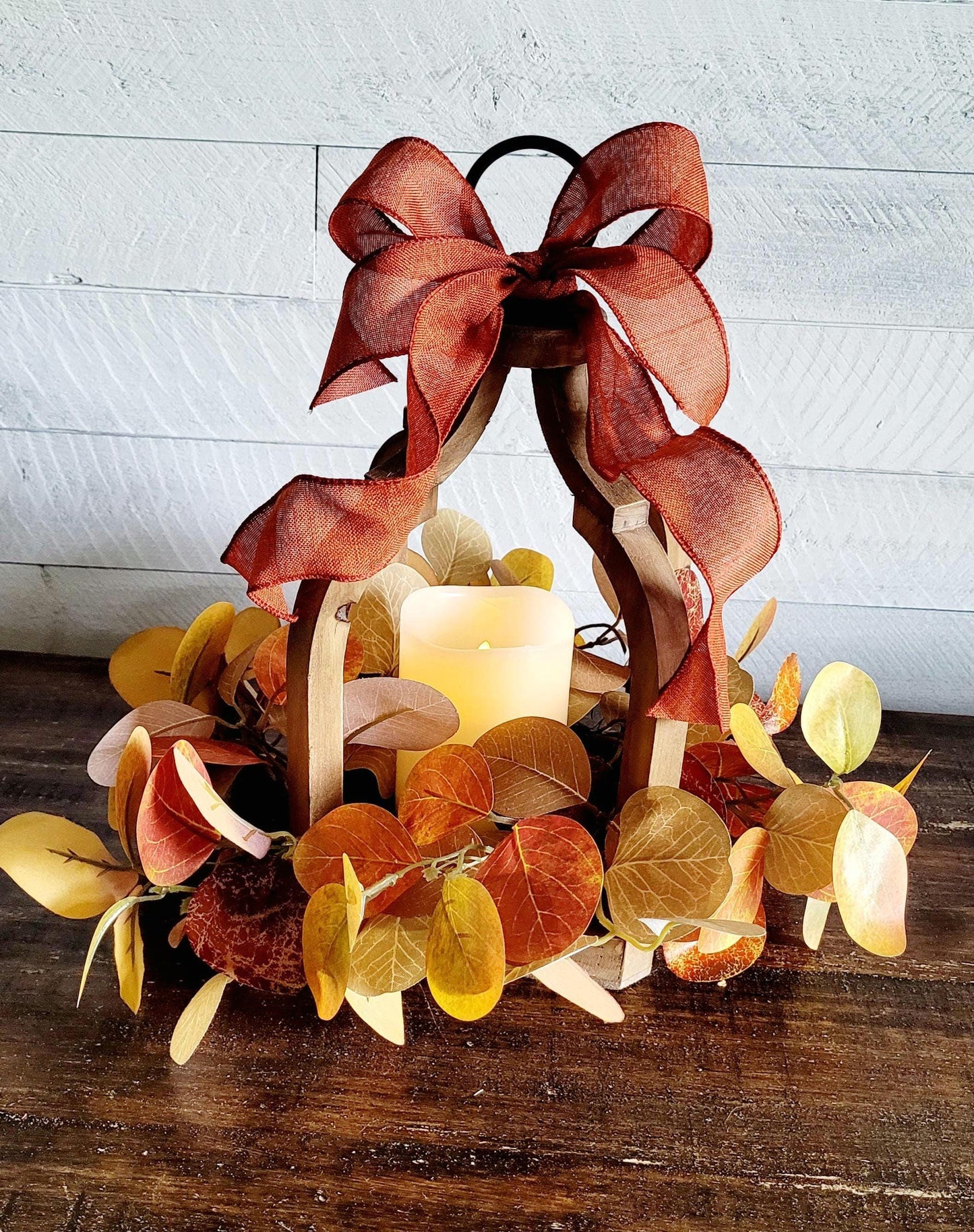 Farmhouse Lantern Decor Fall Decoration Flame-less Candle Decor Lighting Fixture Rustic Lantern Table arrangement Fall Leaves Autumn Wreath