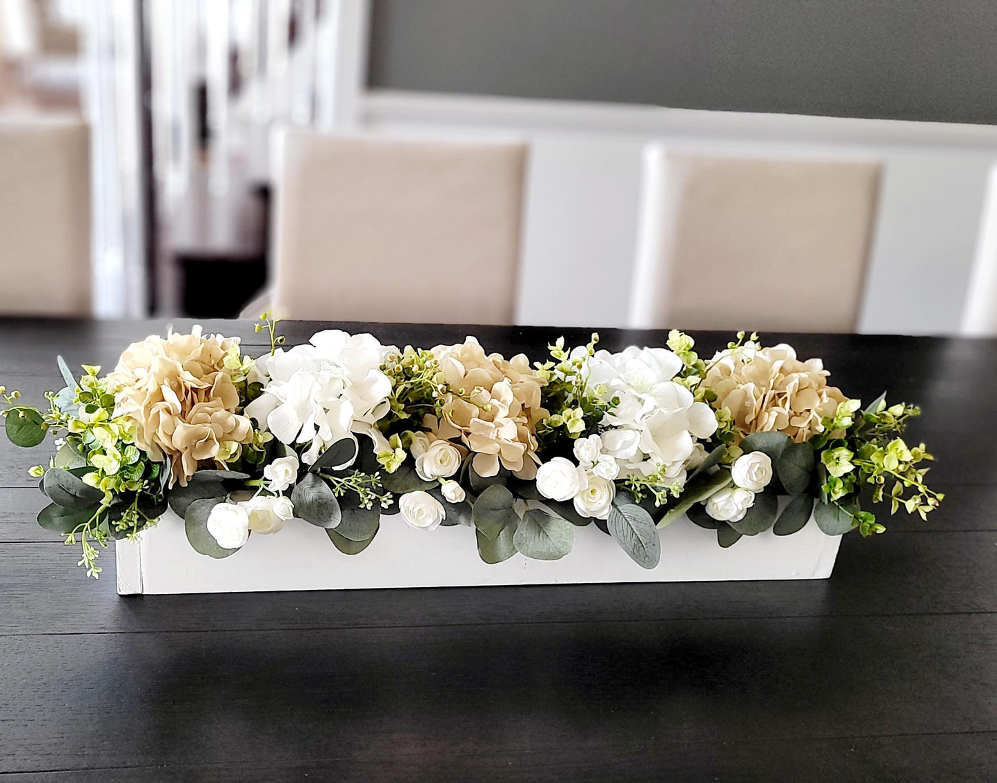 Farmhouse Table Centerpiece – Silk Hydrangea Arrangement in Wooden Box