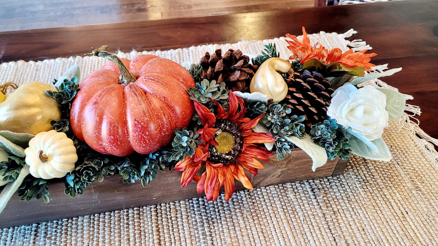 Fall Pumpkins Arrangement in 25” long wood planter box fall centerpiece in wood box fall flowers for mantle in wooden planter box