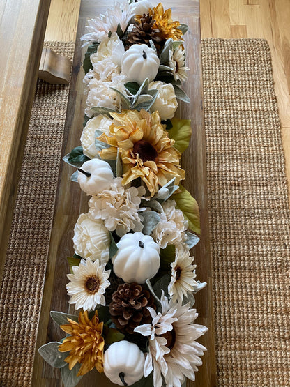 Fall Dining Table Arrangement Fall Flower Arrangement Sunflower Arrangement Mantle Fall Decor Long box arrangement Neutral fall decoration