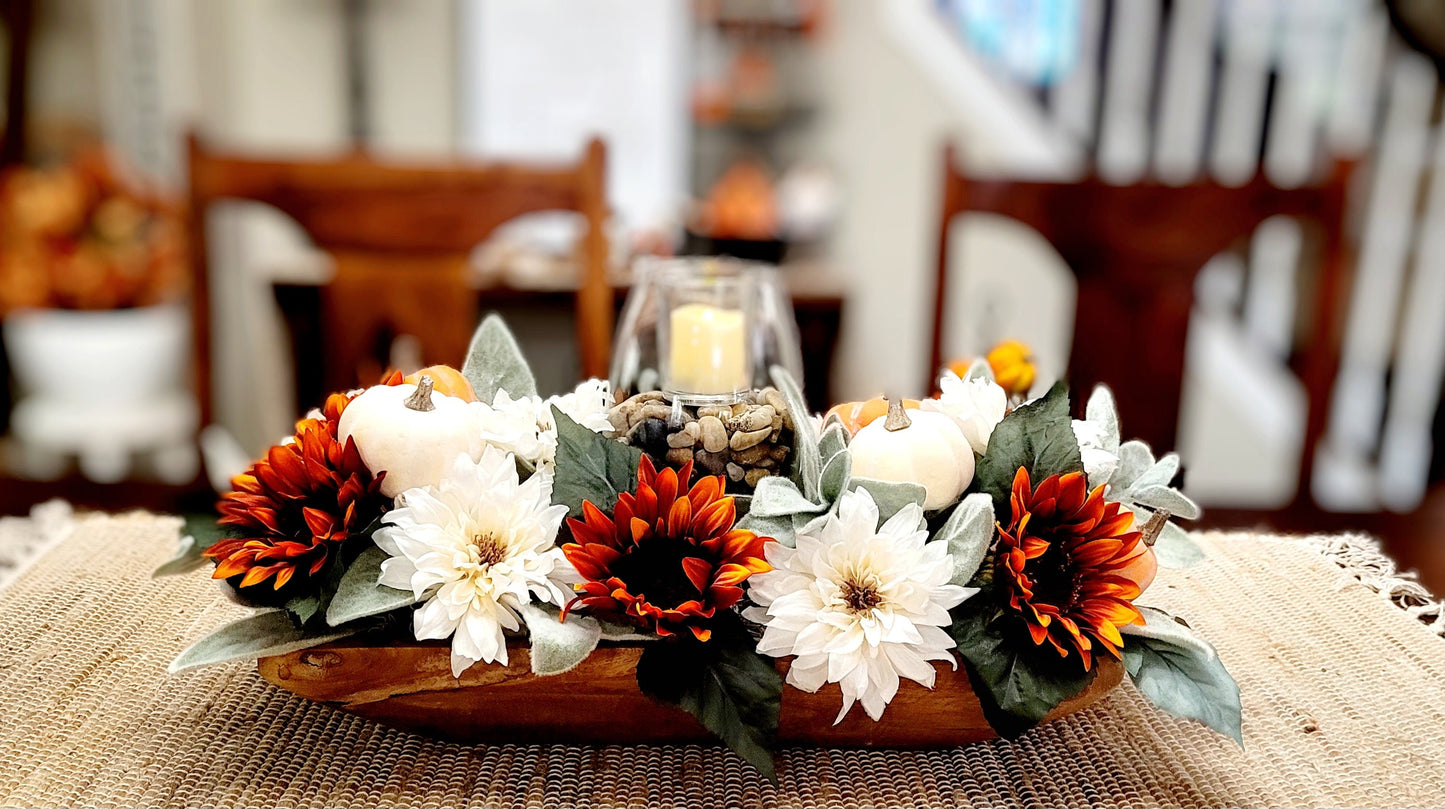 Fall Dining Room Arrangement Fall Fake Flower Sunflower Centerpiece Orange Sunflower Dough Bowl Arrangement Fall Candle Holder Centerpiece