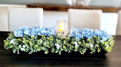 Spring Floral Arrangement Large Dough Bowl Farmhouse Blue Hydrangea Wood Bowl Arrangement Dining Room Farmhouse Centerpiece Flameless Candle