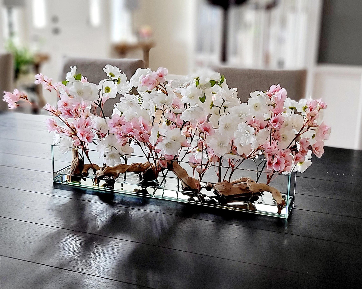 Farmhouse Table Centerpiece – Artificial Cherry Blossom Arrangement in Modern Glass Vase