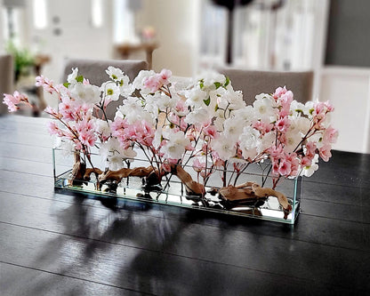 Farmhouse Table Centerpiece – Artificial Cherry Blossom Arrangement in Modern Glass Vase