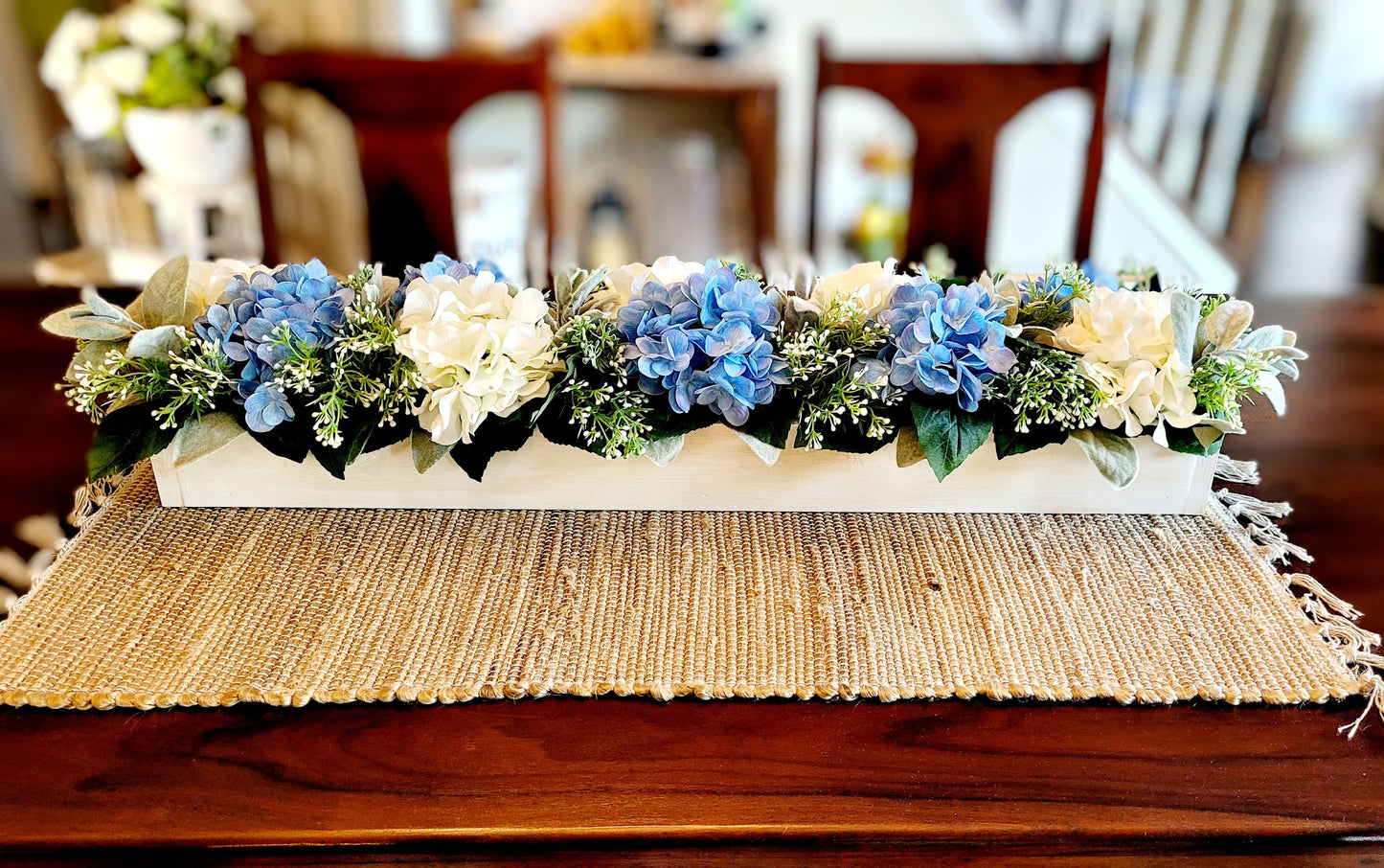 Blue Hydrangea Centerpiece – Long Wood Box Rustic Farmhouse Table Display
