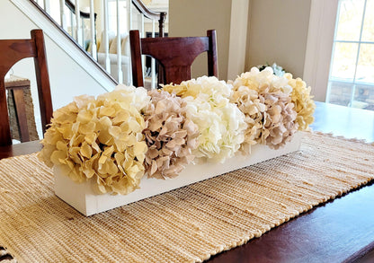 White Hydrangea Centerpiece Wedding Table Decoration Farmhouse Style Arrangement Dining Table Decor Silk Floral Display Neutral Color Palette Reception Table Setting Artificial Flower Arrangement Custom Wood Box Container Rustic Wedding