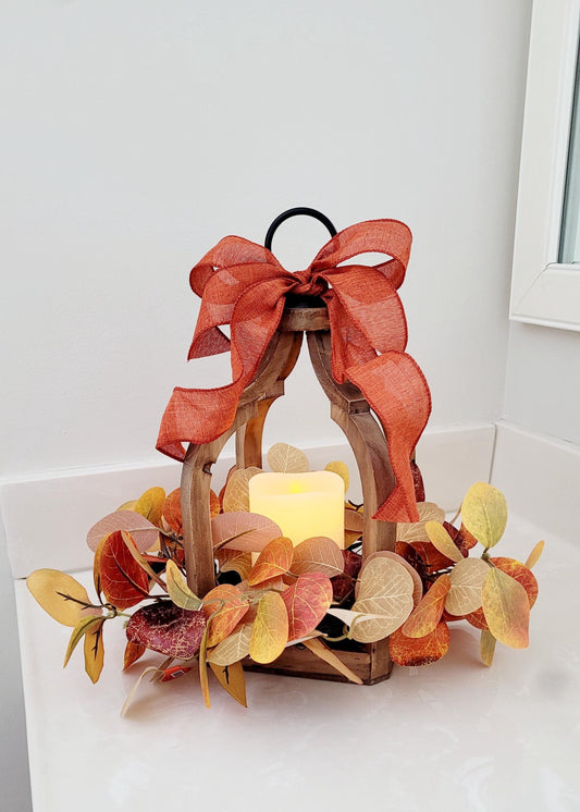 Farmhouse Lantern Decor Fall Decoration Flame-less Candle Decor Lighting Fixture Rustic Lantern Table arrangement Fall Leaves Autumn Wreath