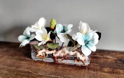 Dining Table Centerpiece – Blue Magnolia Arrangement in Long Glass Vase