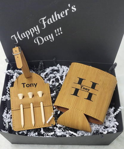 Father's Day Gift Box Men Unique Gift Set Personalized Koozie Groomsman Gift Box Custom Golf Tee Holder Beer Golf Gift Dad Birthday Gift Men
