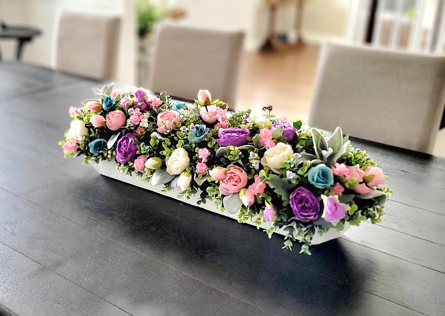 Turquoise Dough Bowl Centerpiece Purple Silk Flowers Artificial Peony Arrangement Dining Table Decor Pink Floral Display Elegant Home Accent Farmhouse Style Design Realistic Looking Blooms Handcrafted Floral Collection Year Round Decoration