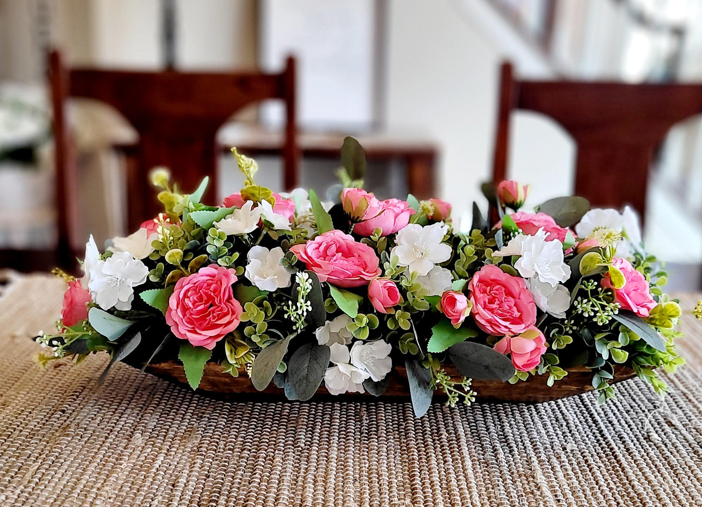 Dough Bowl Pink Peony Flower centerpiece farmhouse kitchen table decor pink rose arrangement gift Mom gift her floral gift her faux peony
