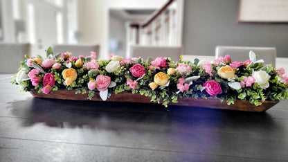 Large Dining Table Centerpiece Farmhouse Dough Bowl Handcarved Wooden Display Peony Floral Arrangement Rustic Home Accent Thirty Inch Long Statement Piece Mantle Decoration Kitchen Island Feature Faux Greenery Design Customizable Wood