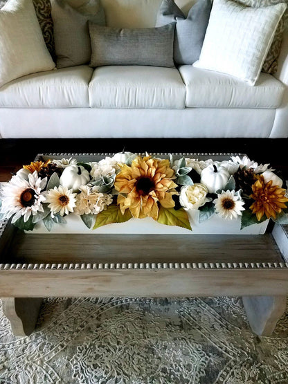 Fall arrangement hydrangea wood planter box Fall Sunflower centerpiece wood box mantle centerpiece planter box
