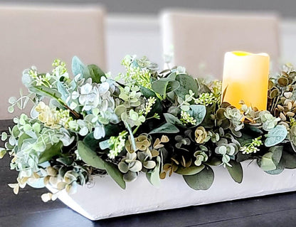 Dining Room Table Arrangement Dough Bowl Farmhouse Table Decor Greenery Spring style Centerpiece candle arrangement greenery kitchen decor