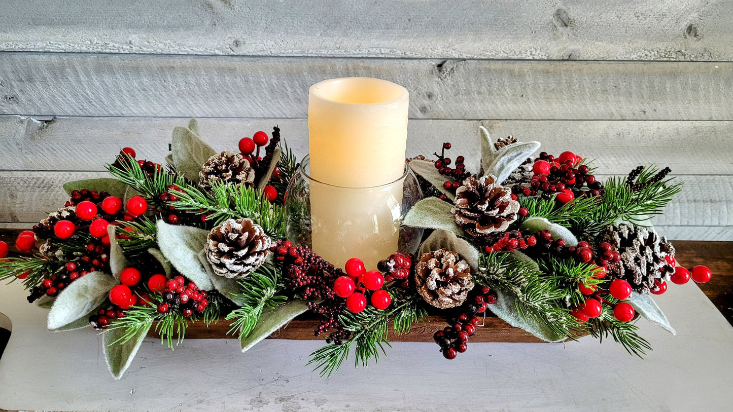 Dough Bowl Christmas Dining Table Centerpiece Candle Centerpiece Hand Carved Dough Bowl Winter Arrangement Pine Floral Arrangement Gift