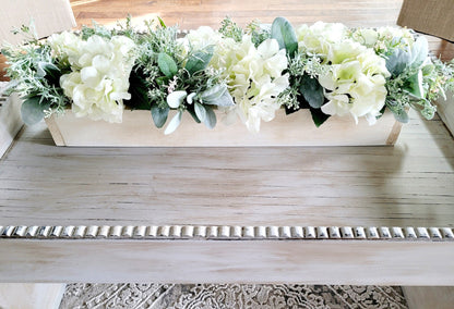 Spring Floral Arrangement Dining Table Long Box Centerpiece Hydrangea Flower Table Arrangement Wood Box Mantel Arrangement White Hydrangeas