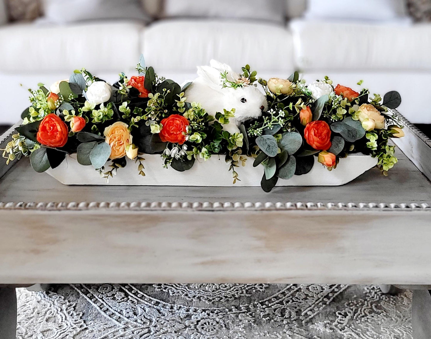 Easter Table Centerpiece – Silk Flower Bunny Arrangement in 27" Wooden Box