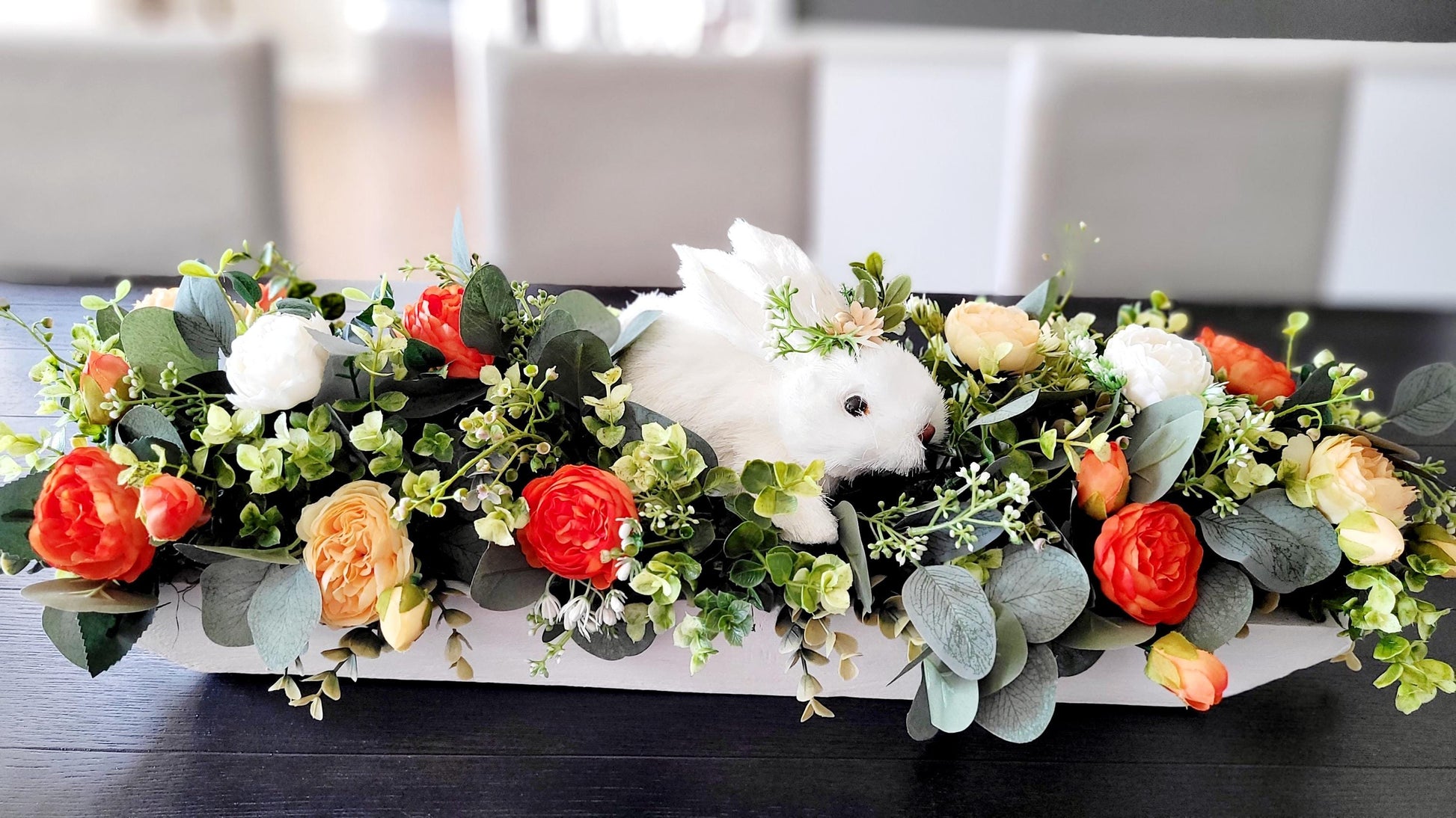 Easter Celebration Centerpiece Spring Table Decoration Silk Flower Arrangement Wooden Box Display Bunny Accent Piece Artificial Floral Collection Seasonal Home Decor Dining Table Setting Holiday Gift Idea Spring Celebration Styling