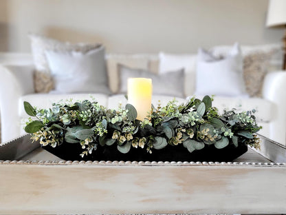 Farmhouse Style Centerpiece Dough Bowl Arrangement Custom Wood Design Faux Greenery Display Artificial Eucalyptus Collection Battery Candle Included Rustic Table Decor Handcrafted Bowl Accent Traditional Home Styling Perfect Housewarming
