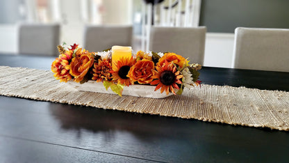 Dough Bowl Fall Flower arrangement sunflower decoration fall mum Decor Flameless candle fall arrangement fall Table Decor Gift New Home