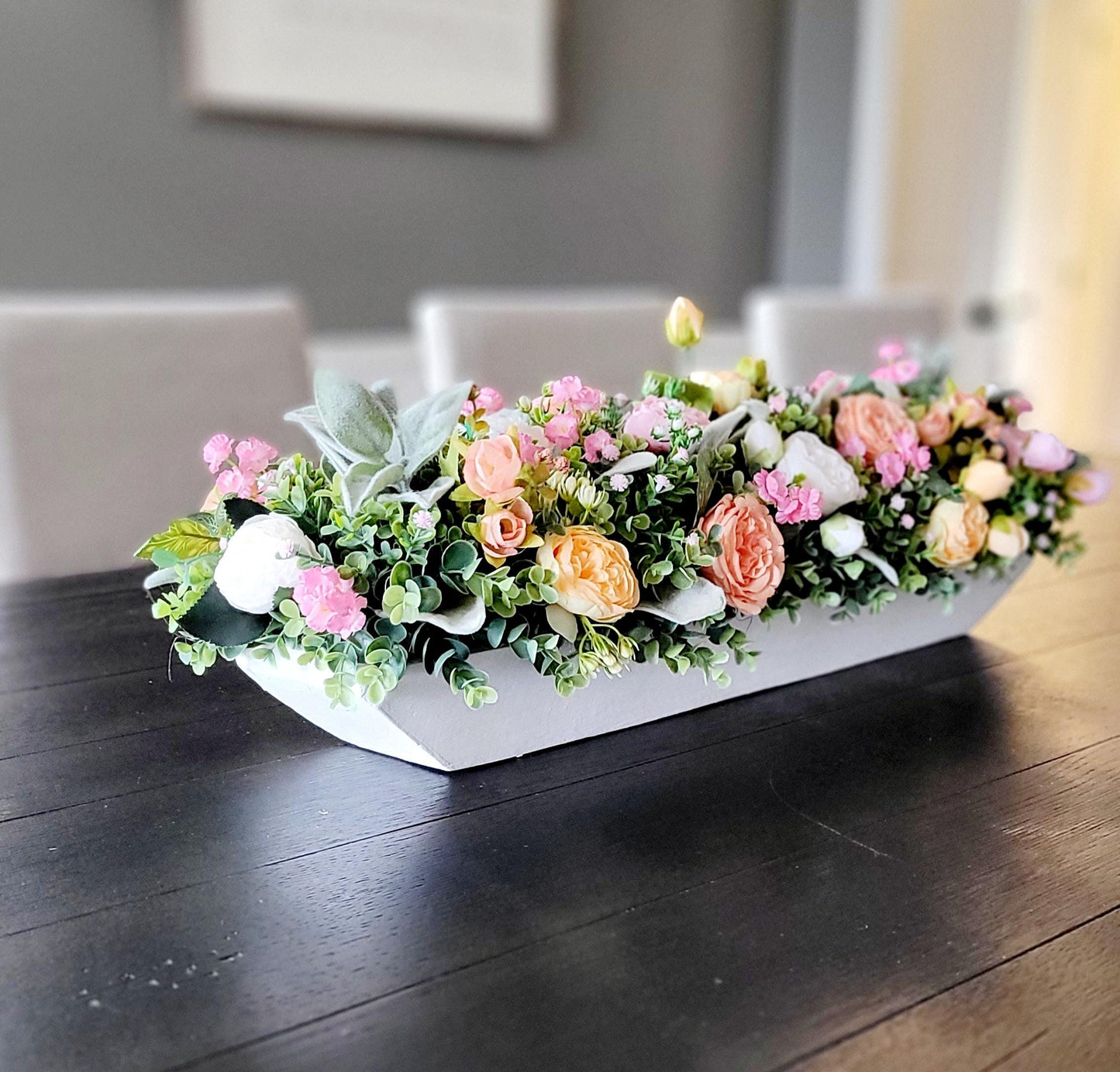 Peach Flower Centerpiece – Silk Arrangement in Rustic Dough Bowl