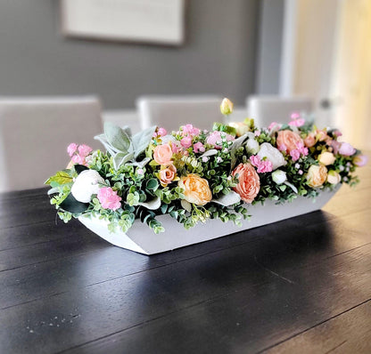 Peach Flower Centerpiece – Silk Arrangement in Rustic Dough Bowl
