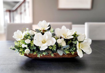 Dough Bowl Centerpiece – Silk Magnolia Arrangement for Elegant Dining Table Decor