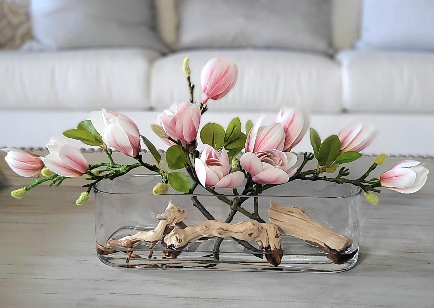 Silk Magnolia Modern Glass Arrangement