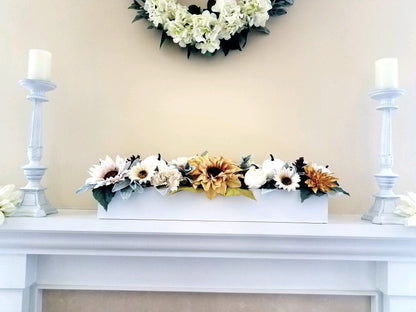 Fall arrangement hydrangea wood planter box Fall Sunflower centerpiece wood box mantle centerpiece planter box