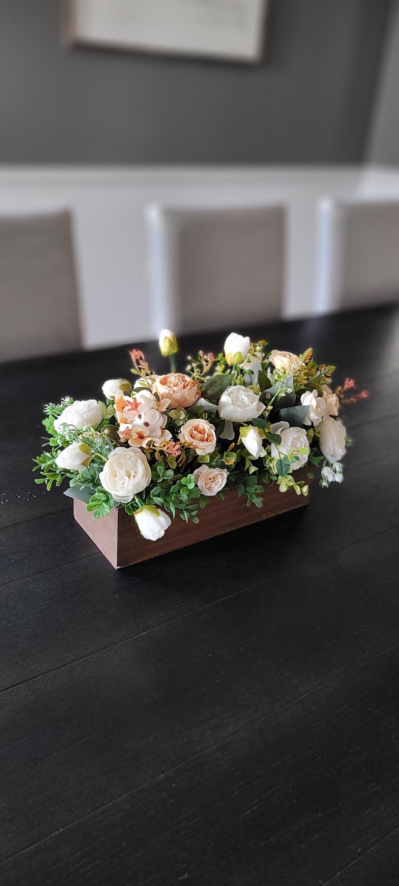 Wooden Centerpiece Box Rustic Table Decoration Silk Flower Arrangement Farmhouse Style Decor Custom Stain Finish Artificial Floral Collection Dining Room Accent Country Home Design Traditional Table Setting Beautiful Interior Addition