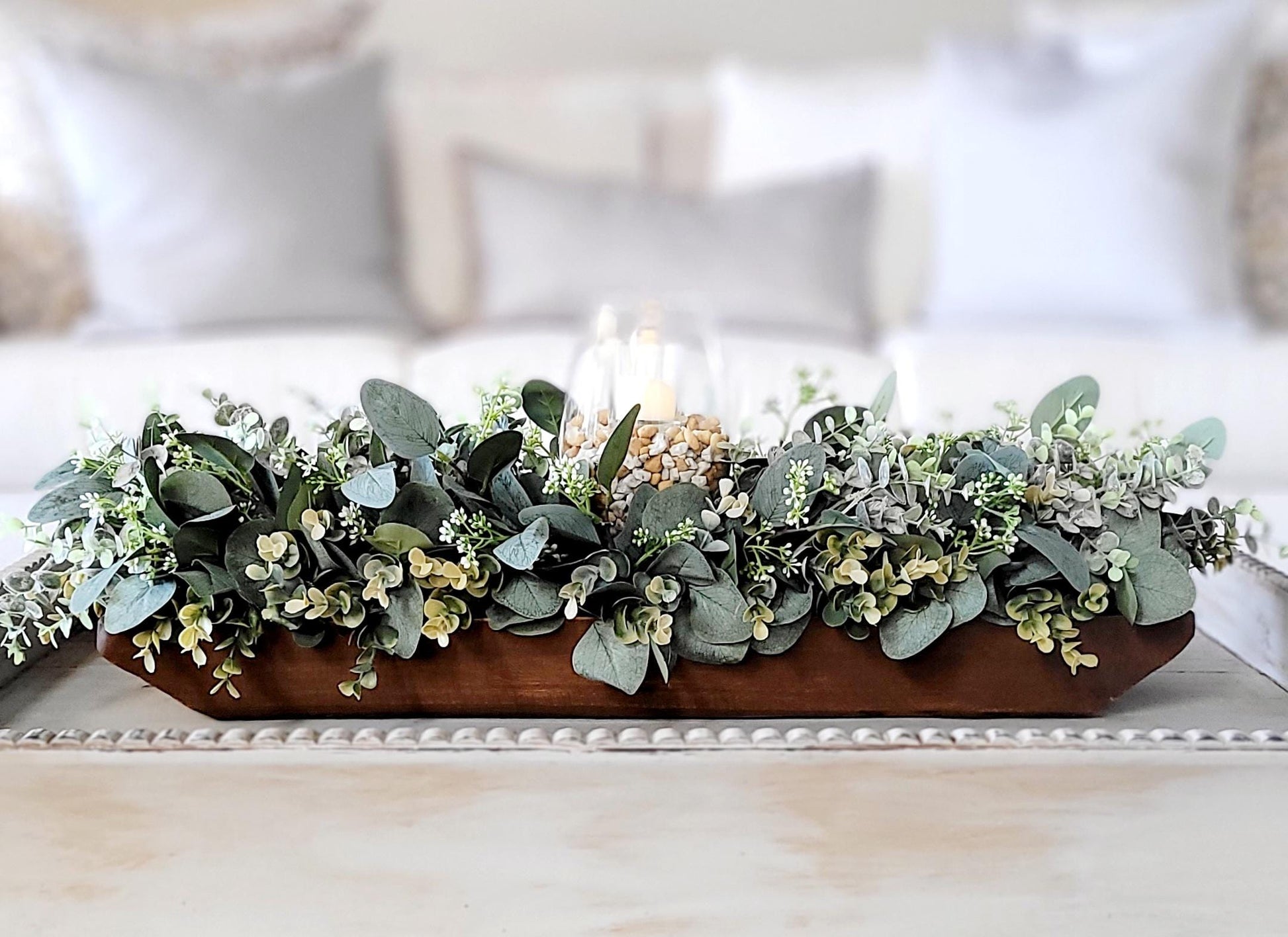 Table Centerpiece Collection Farmhouse Dough Bowl Design Rustic Greenery Arrangement Faux Eucalyptus Display Beautiful Dining Decor Wooden Bowl Feature Artificial Plant Setting Perfect Kitchen Island Accent Natural Looking Decoration