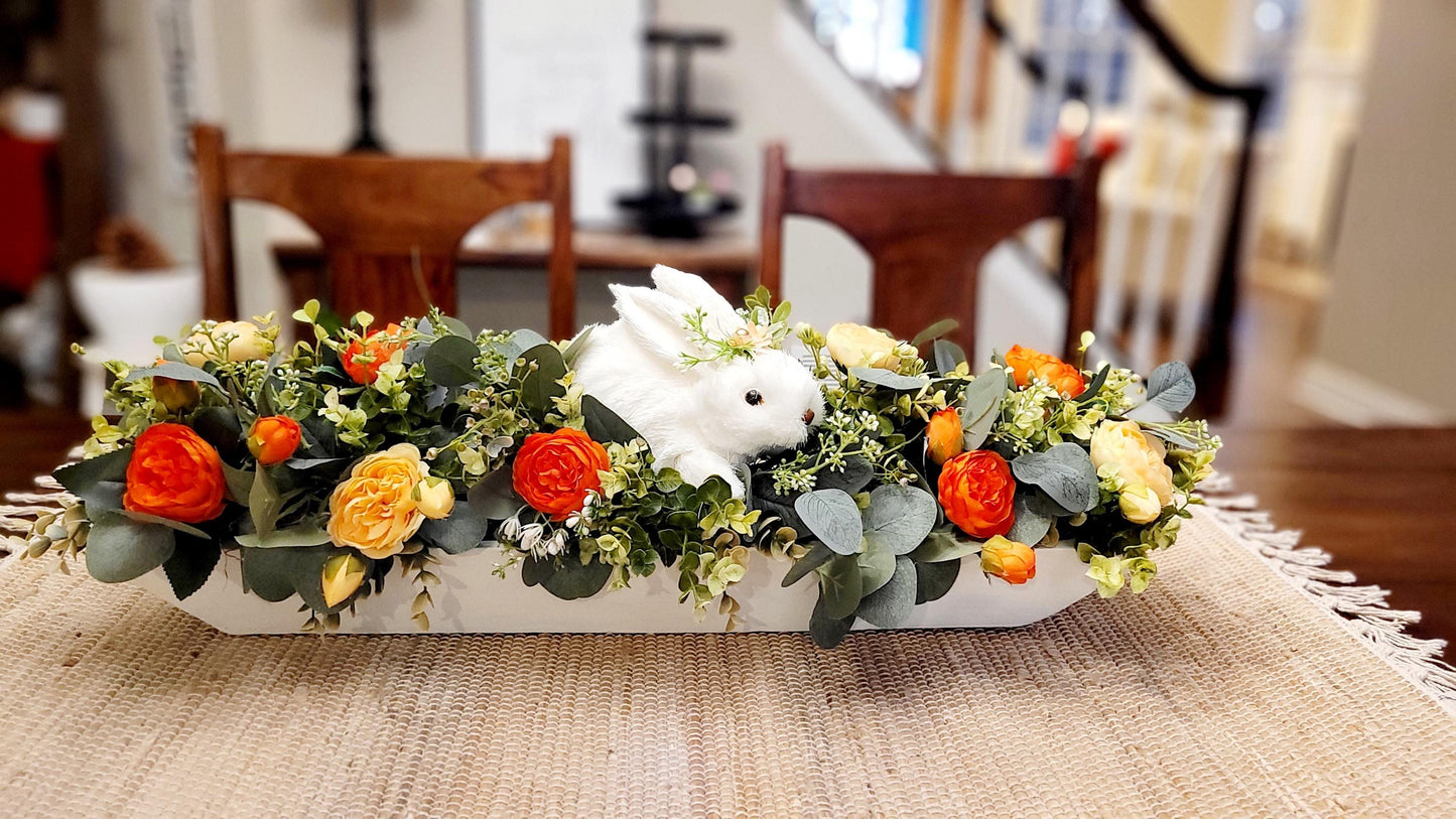 Easter Table Centerpiece Silk Flower Arrangement Spring Celebration Decor Wooden Box Display Faux Bunny Rabbit Design Artificial Floral Collection Dining Table Decoration Holiday Home Styling Seasonal Decorative Piece Farmhouse Easter