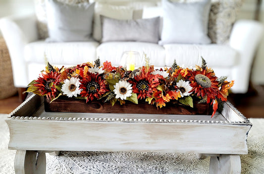 Fall farmhouse dining table arrangement Sunflower table centerpiece Rustic long box floral arrangement mantle fall decor candle centerpiece