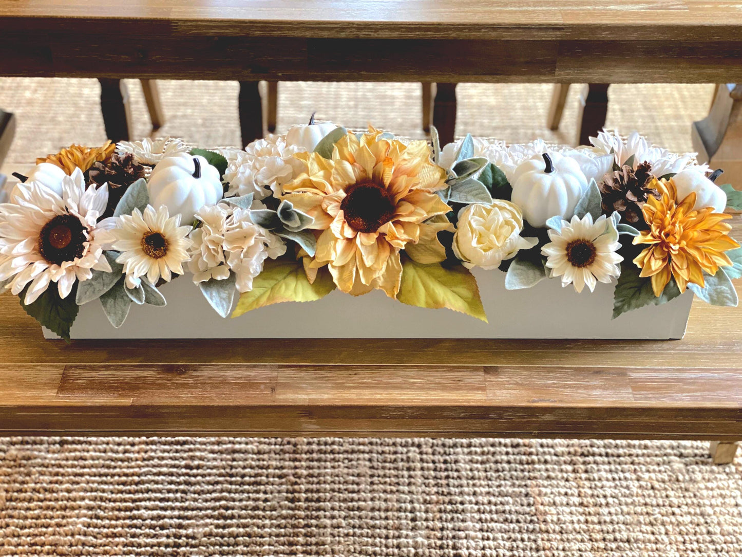 Fall Dining Table Arrangement Fall Flower Arrangement Sunflower Arrangement Mantle Fall Decor Long box arrangement Neutral fall decoration