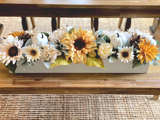 Fall Dining Table Arrangement Fall Flower Arrangement Sunflower Arrangement Mantle Fall Decor Long box arrangement Neutral fall decoration