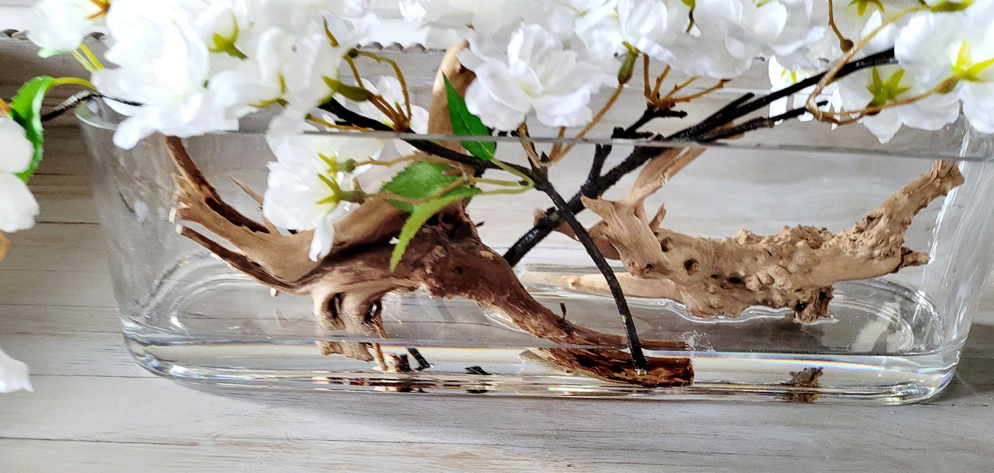 Dining Table Centerpiece – Modern White Orchid with Driftwood in Glass Vase