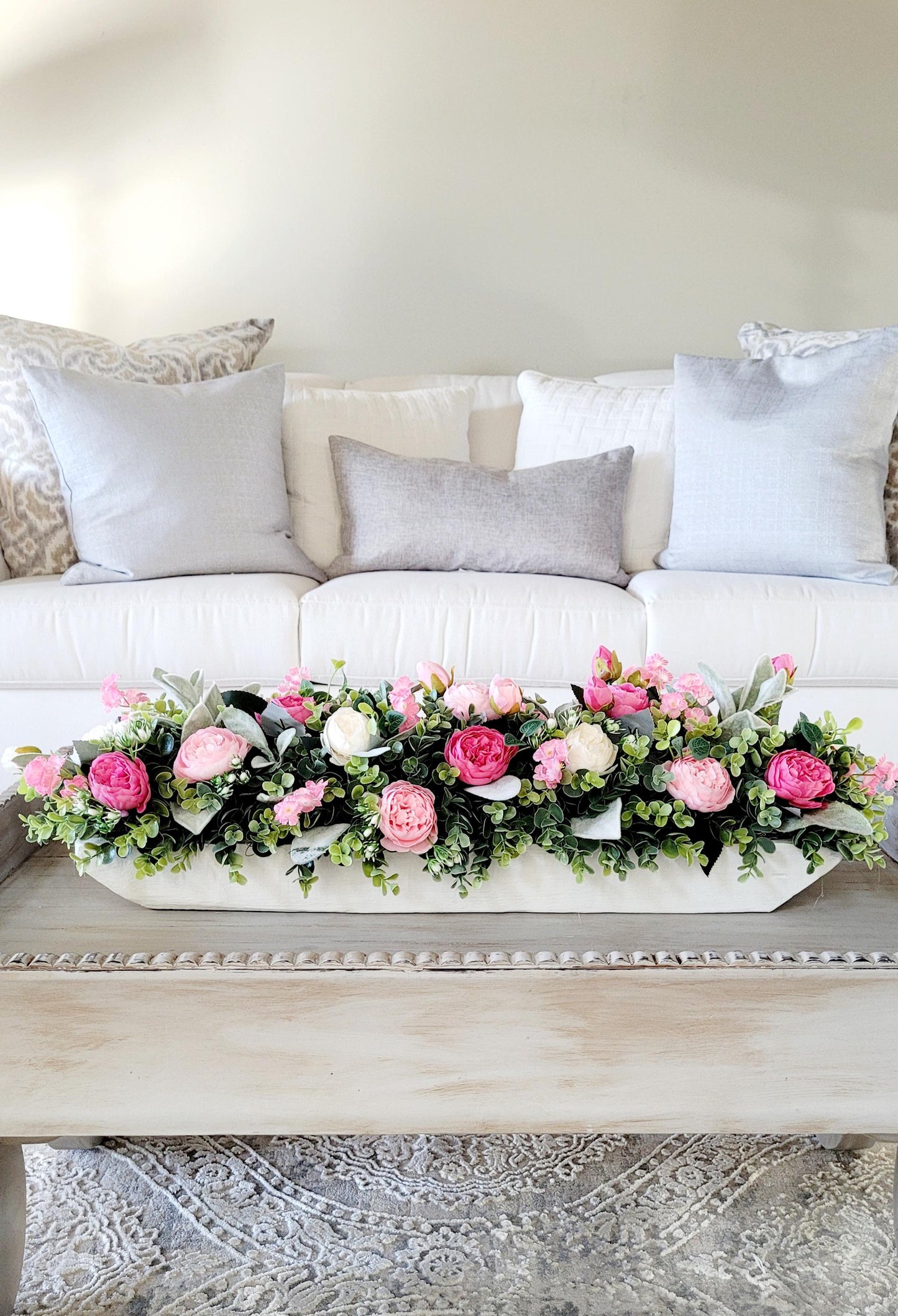 pink white decor pink wedding floral arrangement peony dough bowl dining room table arrangement Pink flower decorations spring decor mantle