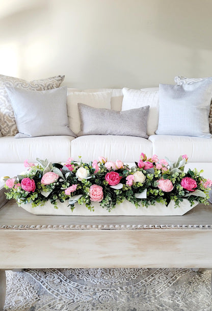 pink white decor pink wedding floral arrangement peony dough bowl dining room table arrangement Pink flower decorations spring decor mantle