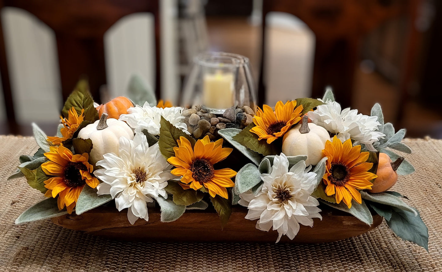Fall Dough Bowl Arrangement Fall Flowers Candle Centerpiece Fall Arrangement Hand Carved Dough Bowl Sunflower Table Arrangement Fall Floral