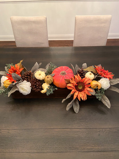 Fall Pumpkins Arrangement in 25” long wood planter box fall centerpiece in wood box fall flowers for mantle in wooden planter box