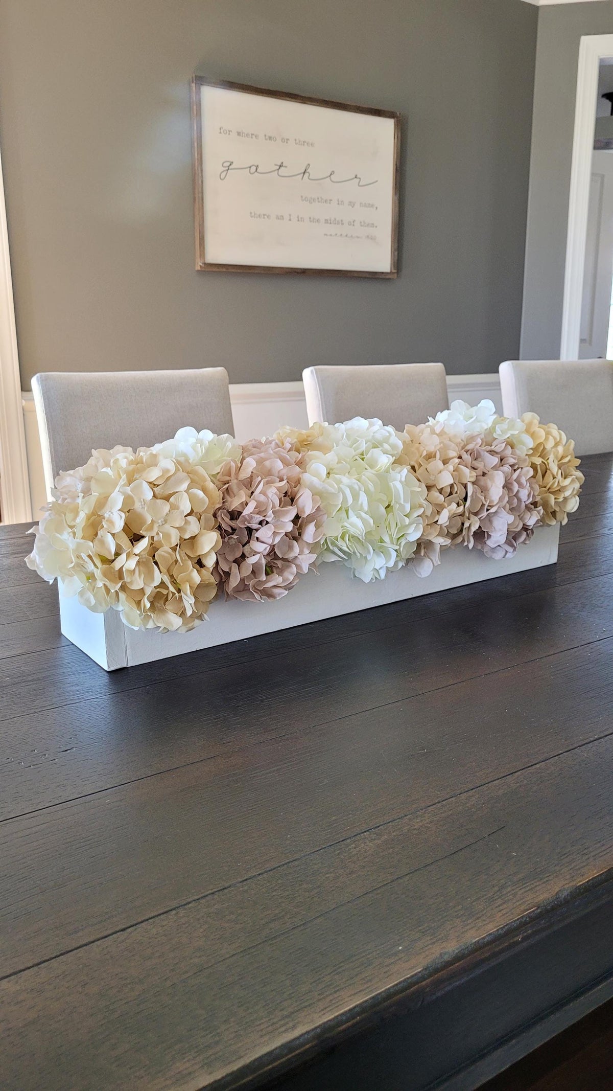 Handcrafted Centerpiece Arrangement White Hydrangea Display Dining Table Decoration Farmhouse Box Design Custom Wood Container Silk Faux Flowers Neutral Color Palette Home Decor Accent Wedding Reception Table Rustic Style Element Mantle