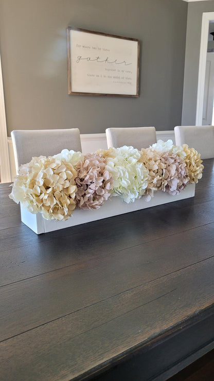 Handcrafted Centerpiece Arrangement White Hydrangea Display Dining Table Decoration Farmhouse Box Design Custom Wood Container Silk Faux Flowers Neutral Color Palette Home Decor Accent Wedding Reception Table Rustic Style Element Mantle