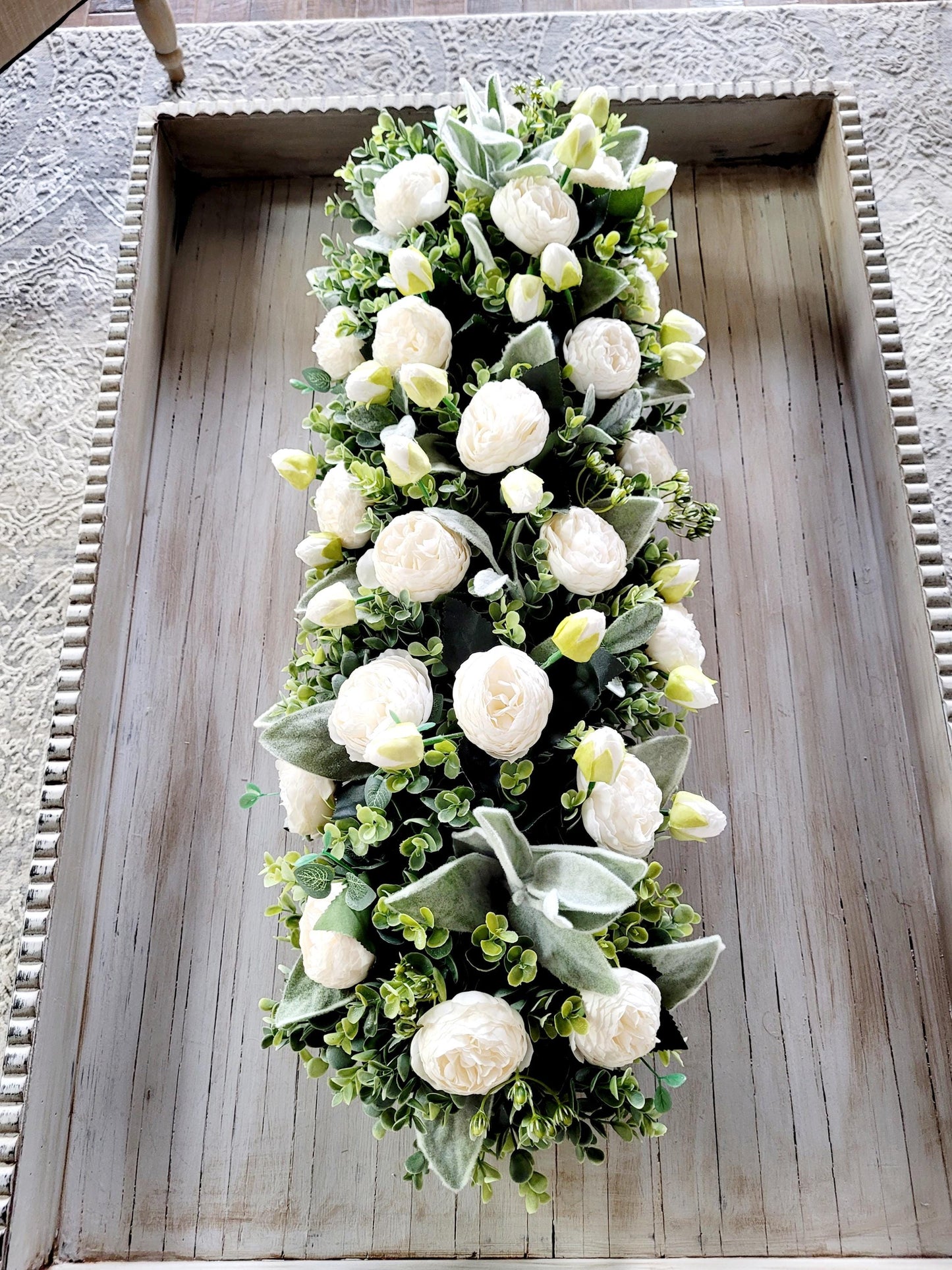 Farmhouse Table Centerpiece – Long Wooden Box with Faux Peonies