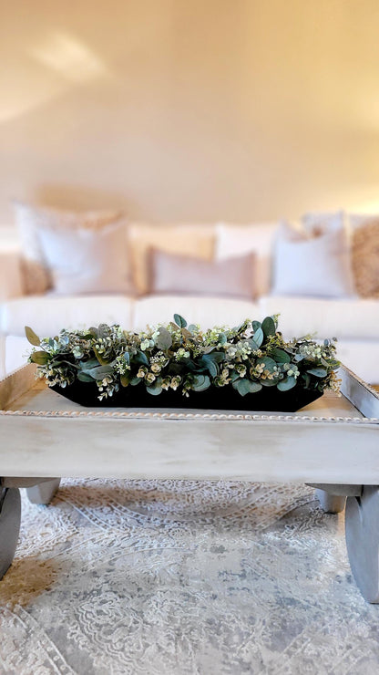Dough Bowl Centerpiece Rustic Farmhouse Style Table Decoration Faux Eucalyptus Arrangement Artificial Greenery Display Hand Carved Wooden Bowl Custom Painted Finish Battery Powered Candle Included Country Home Accent Vintage Inspired Design