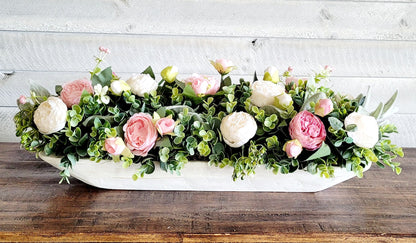 Dough Bowl Centerpiece – Hand Carved Wooden Spring Flower Arrangement